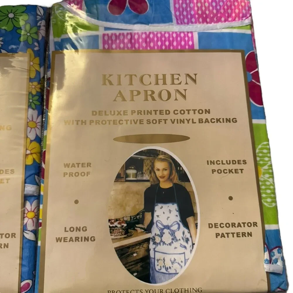 Vtg‎ NOS Kitchen Aprons Set Of 2 Floral 80s 90s 26x33 Cotton With Vinyl Backing